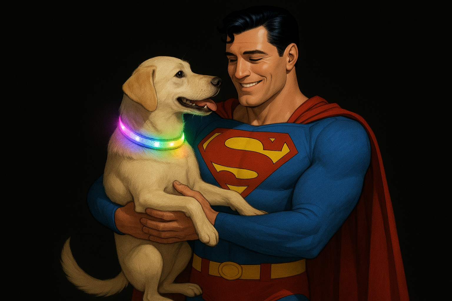 black screen with supermen in it holding a dog with led necklace